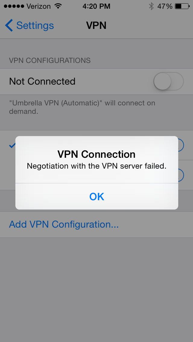 vpn connection on ipad wont turn off